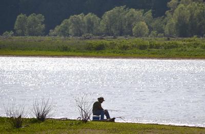 person sitting by the river