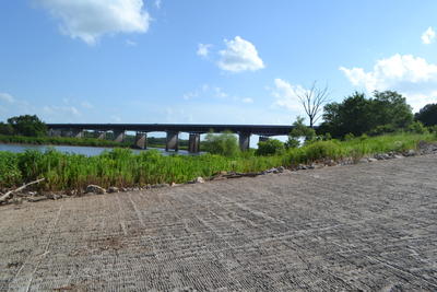 riverbank in front of a bridge